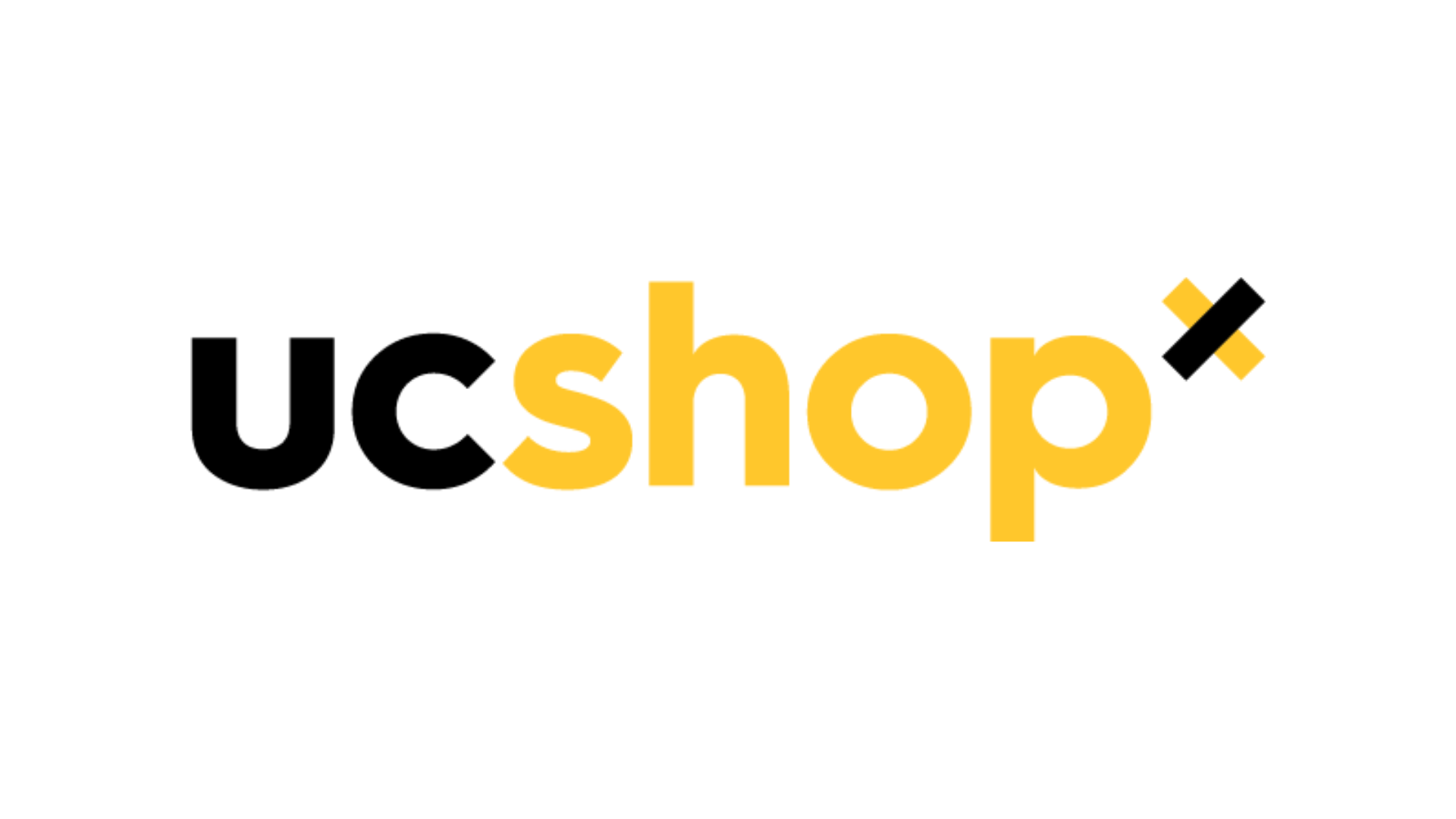 The word 'UCShopx' appears as a logo. The 'UC' portion appears in black while the 'shop' portion appears in yellow. The 'x' is indexed above the 'p' of 'shop' and is both black and yellow.. 